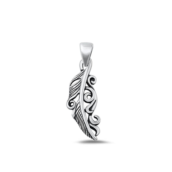 Sterling Silver Oxidized Feather Swirl Pendant High Polished Charm .925 New