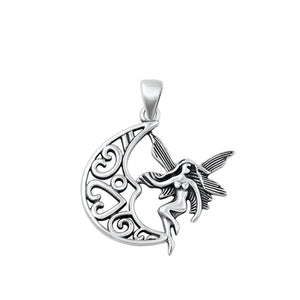 Sterling Silver Cute Fairy Moon Heart Pendant High Polished Oxidized Charm .925