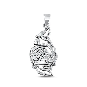 Sterling Silver Fashion Oxidized Valknut & Wolf Polished Pendant Charm .925 New