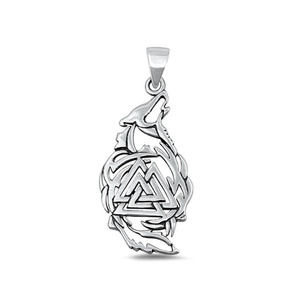 Sterling Silver Fashion Oxidized Valknut & Wolf Polished Pendant Charm .925 New