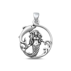 Sterling Silver Cute Oxidized Mermaid & Dolphin Polished Charm Pendant .925 New