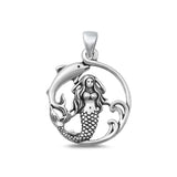 Sterling Silver Cute Oxidized Mermaid & Dolphin Polished Charm Pendant .925 New