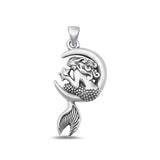 Sterling Silver Fashion Oxidized Fairytale Mermaid On Moon Pendant .925 New