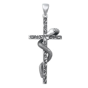 Sterling Silver Fashion Oxidized Snake & Detailed Cross Pendant Serpent .925 New