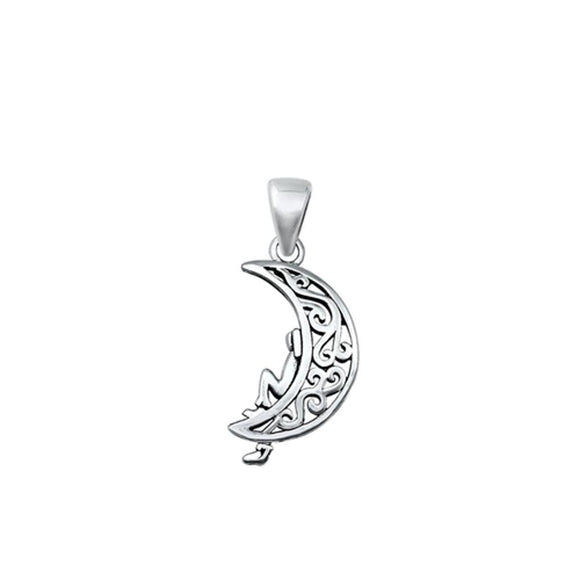 Sterling Silver Fashion Oxidized Man On The Moon Swirl Pendant Charm .925 New