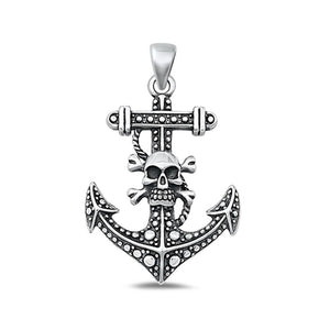 Sterling Silver Unique Oxidized Punk Anchor & Skull Bali Biker Pendant .925 New