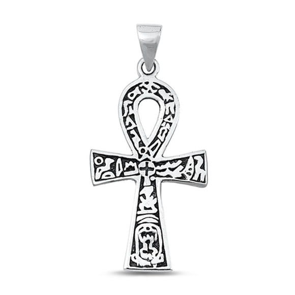 Sterling Silver Fashion Ankh Pendant Oxidized High Polished Charm .925 New