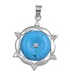 Sterling Silver Unique Turquoise Clear CZ Pendant Sun Burst Elegant Charm 925