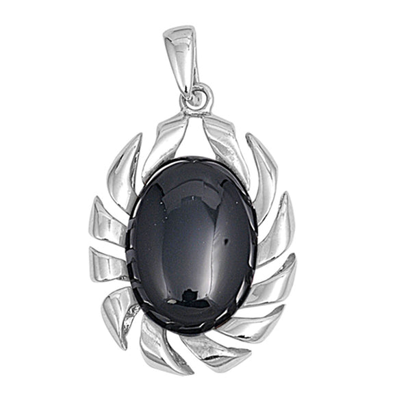 Fancy Cutout Oval Pendant Black Simulated Onyx .925 Sterling Silver Sun Charm