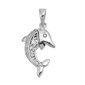 Sterling Silver Filigree Dolphin Celtic Wave Pendant Clear Simulated CZ Charm