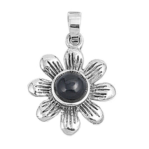 Sterling Silver Circle Detailed Petal Flower Pendant Black Simulated Onyx Charm