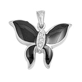 Sterling Silver Wavy Wings Cute Butterfly Pendant Black Simulated Onyx Charm