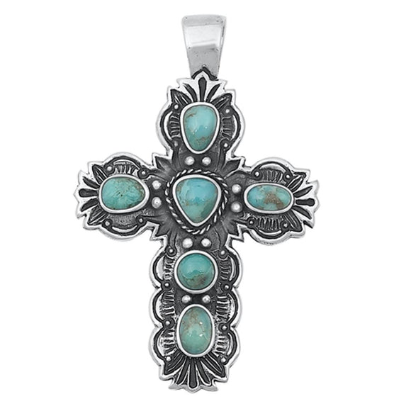 Sterling Silver Unique Turquoise Cross Pendant Vintage Oxidized Charm 925 New