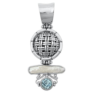 Sterling Silver Cute Freshwater Pearl Blue Sapphire CZ Woven Pendant Charm 925