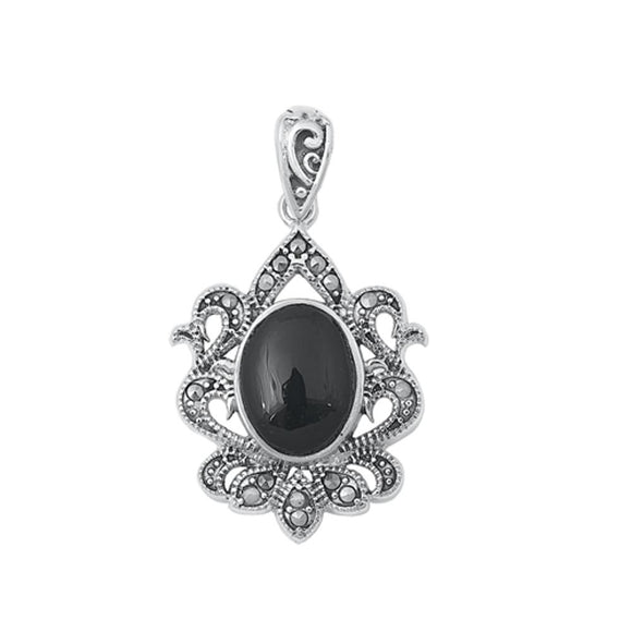 Sterling Silver Cute Vintage Black Agate Pendant Oxidized Marcasite Charm 925