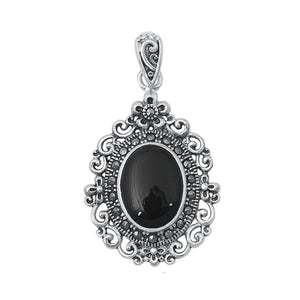 Sterling Silver Polished Black Agate Vintage Pendant Oxidized Marcasite Charm