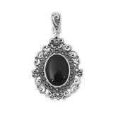 Sterling Silver Polished Black Agate Vintage Pendant Oxidized Marcasite Charm