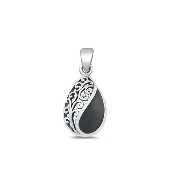 Sterling Silver Fashion Black Agate Pendant Filigree Teardrop Charm .925 New