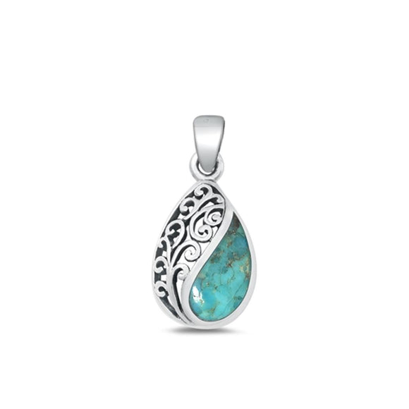 Sterling Silver Unique Turquoise Pendant Filigree Design Fashion Charm .925 New