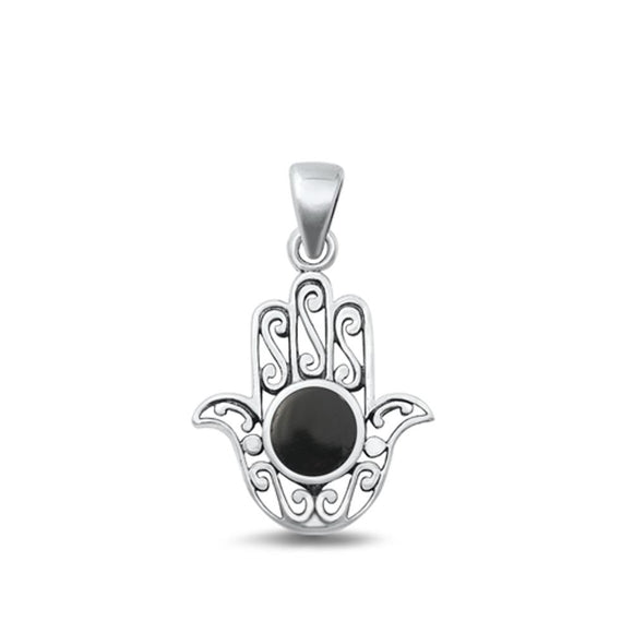 Sterling Silver Classic Black Agate Hamsa Pendant Swirl Filigree Charm 925 New