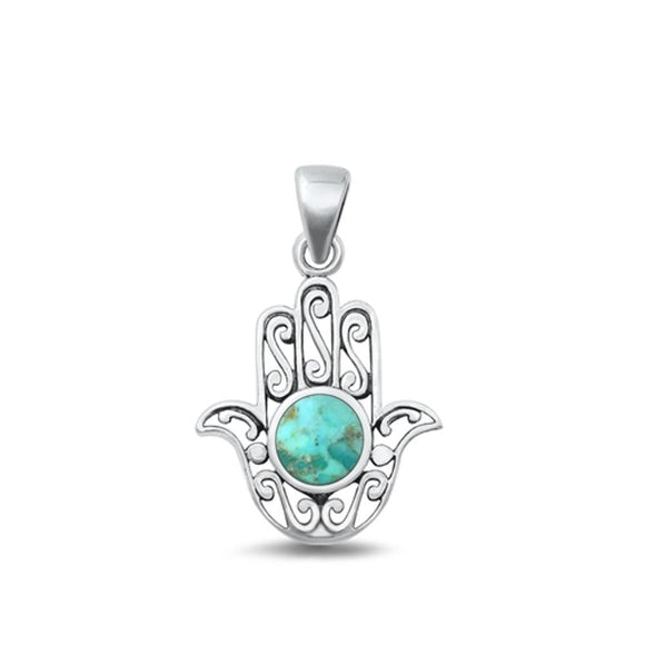 Sterling Silver Unique Hamsa Turquoise Pendant Swirl Filigree Charm 925 New