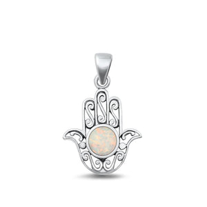 Sterling Silver Cute White Synthetic Opal Hamsa Pendant Filigree Swirl Charm 925