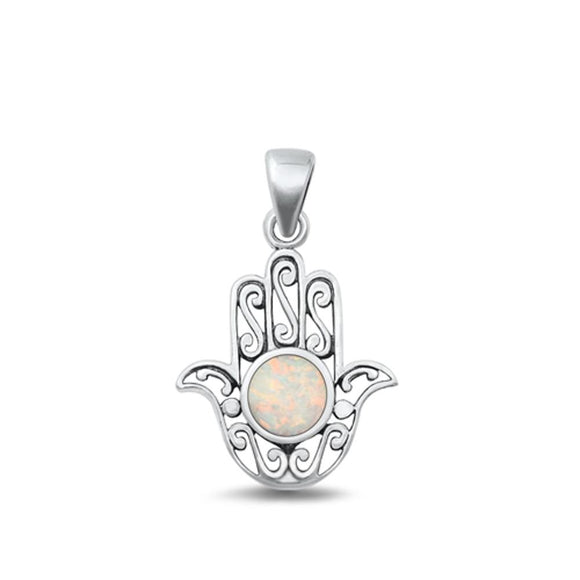 Sterling Silver Cute White Synthetic Opal Hamsa Pendant Filigree Swirl Charm 925