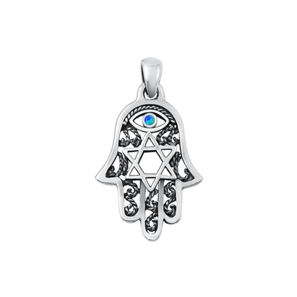 Sterling Silver Blue Lab Opal Hamsa Evil Eye Star Of David Pendant 925 New Charm