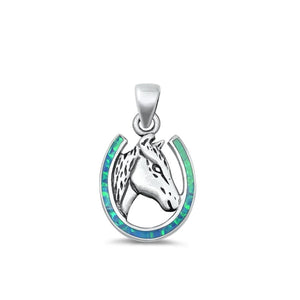 Sterling Silver Horse & Horseshoe Blue Synthetic Opal Pendant Charm 925 New