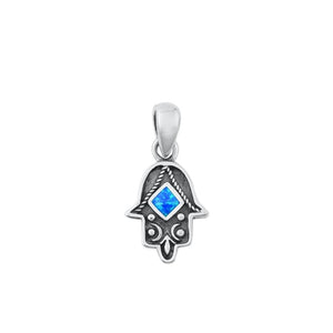 Sterling Silver Cute Blue Synthetic Opal Hamsa Pendant Oxidized Charm .925 New