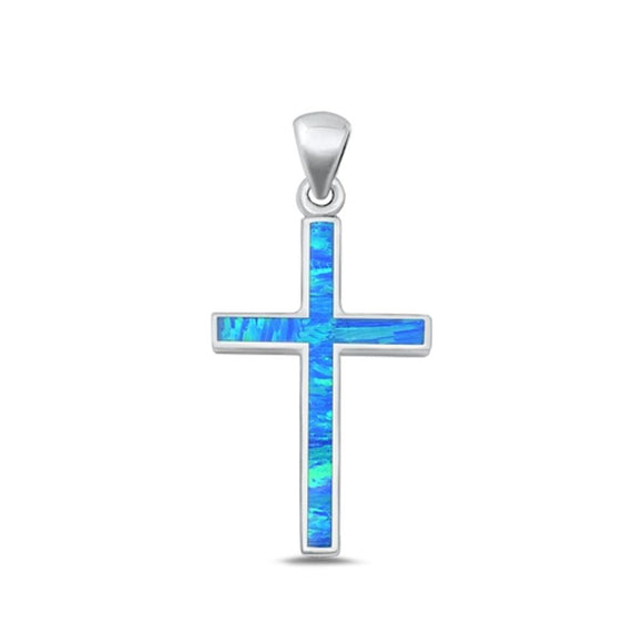 Sterling Silver High Polished Blue Lab Opal Cross Pendant .925 New Faith Charm