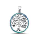 Sterling Silver Blue Opal Round Border Tree Of Life Pendant Charm .925 New