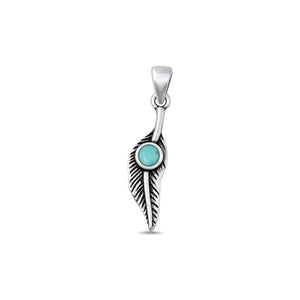 Sterling Silver Classic Turquoise Feather Pendant Oxidized Cute Charm .925 New