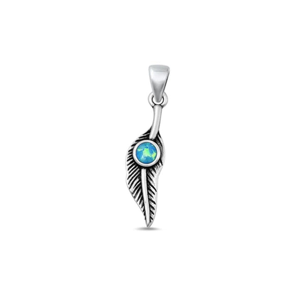 Sterling Silver Classic White Synthetic Opal Feather Pendant Cute Charm .925 New