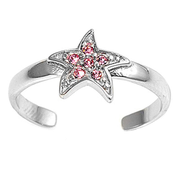 Sterling Silver Beautiful Pink CZ Starfish Toe Ring Adjustable Beach Midi Band