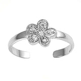 Sterling Silver Promise Clear CZ Plumeria Toe Ring Adjustable Flower Midi Band