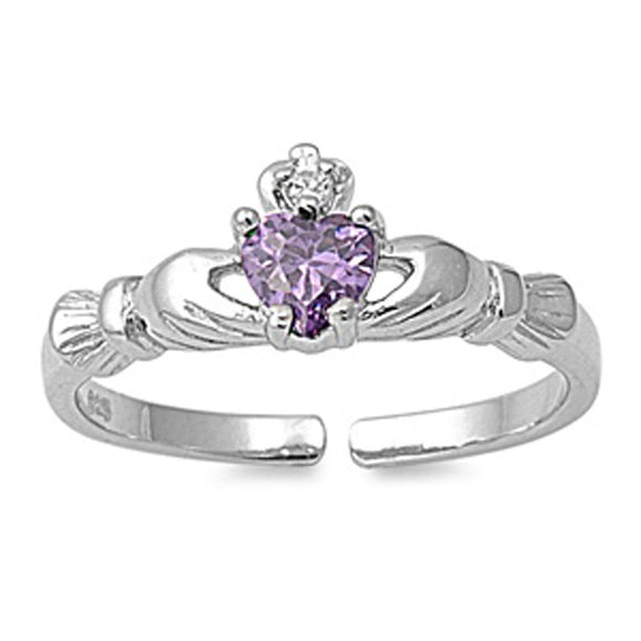 Heart Solitaire Claddagh Simulated Amethyst Clear Simulated CZ .925 Sterling Silver Toe Ring