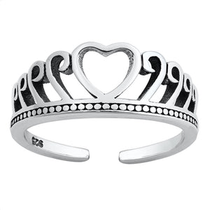 Sterling Silver Classic Heart Crown Toe Ring Cute Adjustable Midi Band 925 New