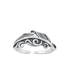 Sterling Silver Oxidized Feather Swirl Toe Midi Adjustable Ring .925 New Band