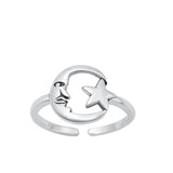 Sterling Silver Cute Oxidized Moon & Star Midi Toe Adjustable Ring .925 New Band