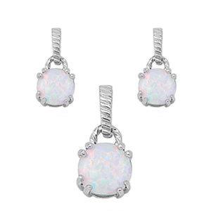 Solitaire Round Earrings White Simulated Opal .925 Sterling Silver Pendant Set