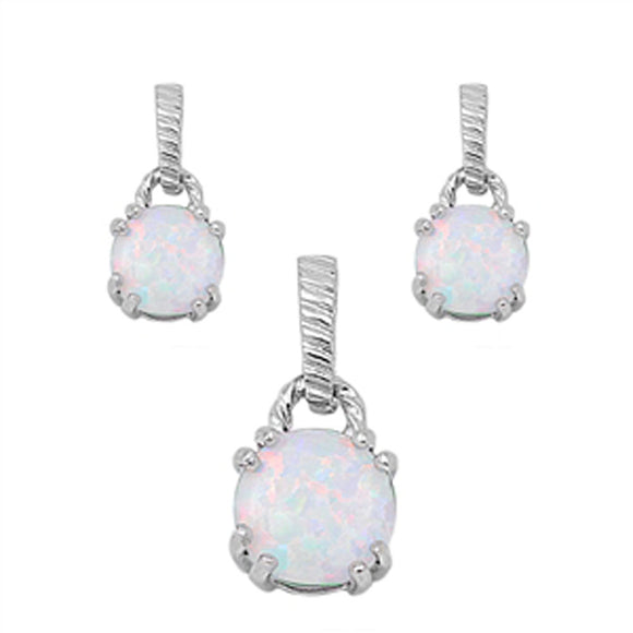 Solitaire Round Earrings White Simulated Opal .925 Sterling Silver Pendant Set