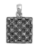 Studded Flower Square Pendant Simulated Marcasite .925 Sterling Silver Charm