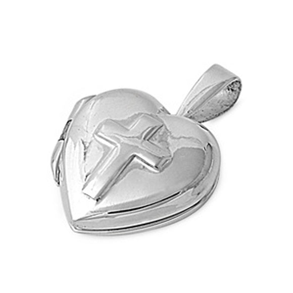 Cross Simple Heart Locket Pendant .925 Sterling Silver Puffed High Polish Charm