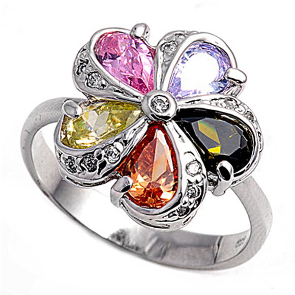 Multicolor CZ Colorful Teardrop Flower Ring .925 Sterling Silver Band Sizes 5-9