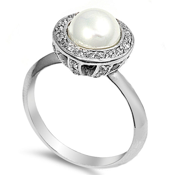 Clear CZ Freshwater Pearl Halo Ring New .925 Sterling Silver Band Sizes 5-9