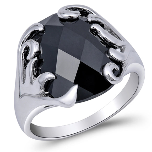 Black CZ Faceted Flames Fire Large Ring New .925 Sterling Silver Band Sizes 6-9