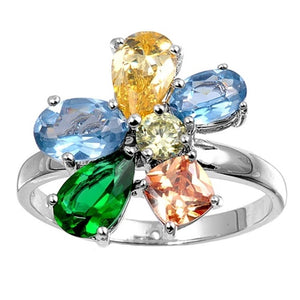 Teardrop Multicolor CZ Colorful Flower Ring .925 Sterling Silver Band Sizes 5-9