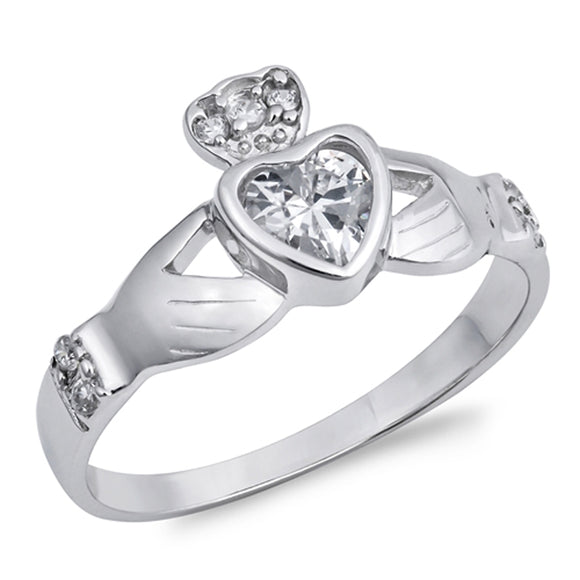 Clear CZ Claddagh Bezel Heart Friendship Ring Sterling Silver Band Sizes 4-10