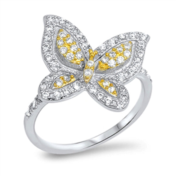 Clear CZ Gold-Tone Butterfly Micro Pave Ring 925 Sterling Silver Band Sizes 5-11